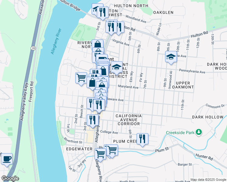 map of restaurants, bars, coffee shops, grocery stores, and more near 516 4th Street in Oakmont