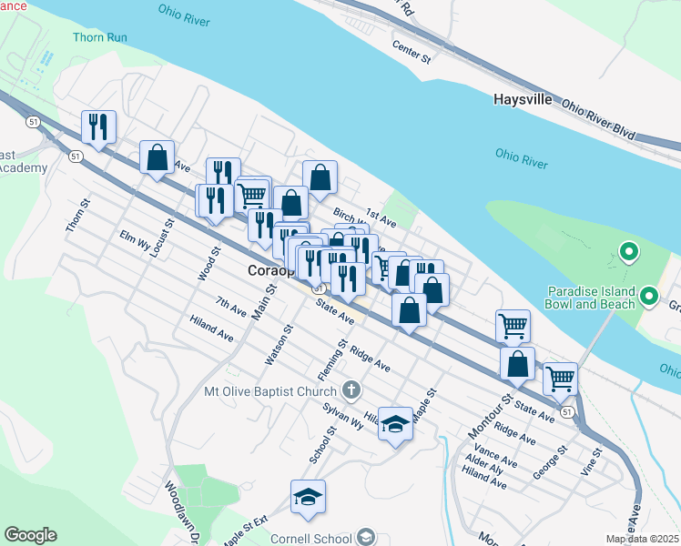 map of restaurants, bars, coffee shops, grocery stores, and more near 420 Mill Street in Coraopolis