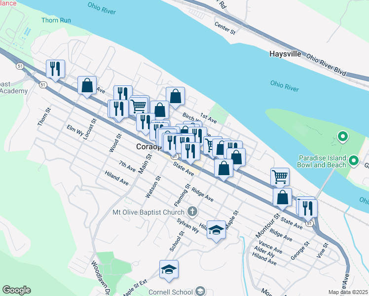 map of restaurants, bars, coffee shops, grocery stores, and more near 416 Mill Street in Coraopolis