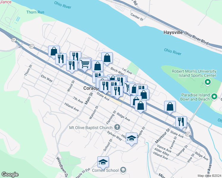 map of restaurants, bars, coffee shops, grocery stores, and more near 416 Mill Street in Coraopolis