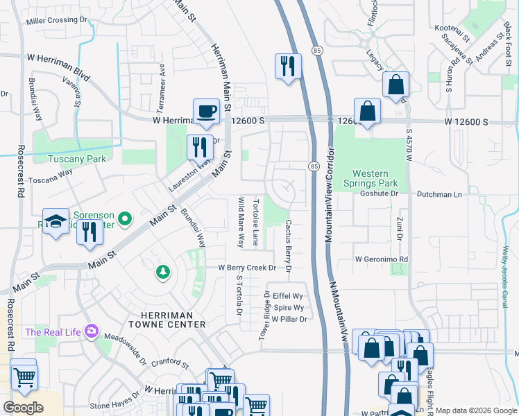 map of restaurants, bars, coffee shops, grocery stores, and more near 12827 Tortoise Lane in Riverton
