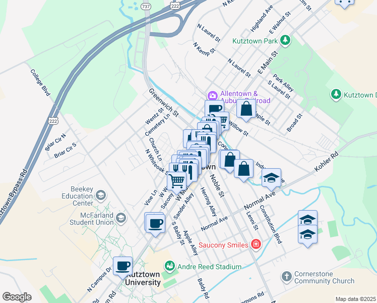 map of restaurants, bars, coffee shops, grocery stores, and more near 163 West Walnut Street in Kutztown