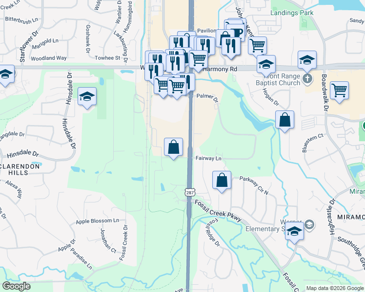map of restaurants, bars, coffee shops, grocery stores, and more near 4913 South College Avenue in Fort Collins