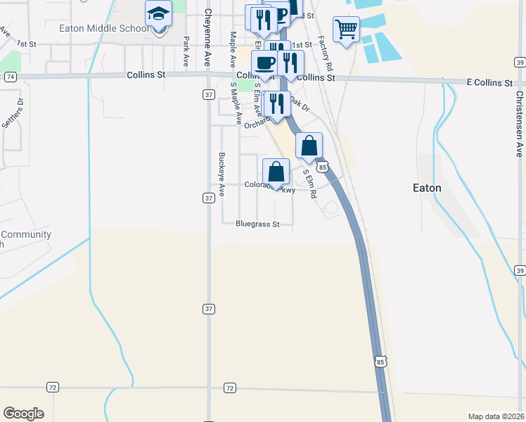 map of restaurants, bars, coffee shops, grocery stores, and more near 470 Apple Court in Eaton