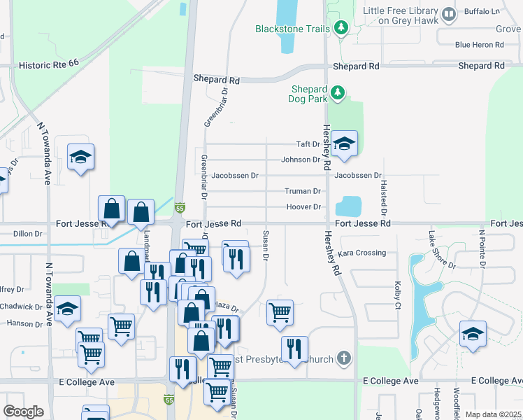 map of restaurants, bars, coffee shops, grocery stores, and more near 1725 Hoover Drive in Normal