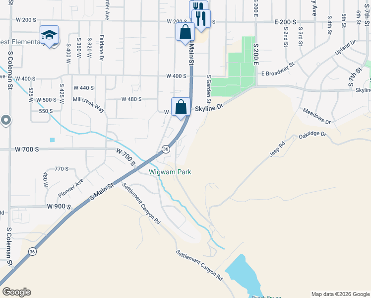 map of restaurants, bars, coffee shops, grocery stores, and more near 591 Lewis Drive in Tooele