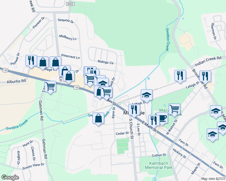 map of restaurants, bars, coffee shops, grocery stores, and more near 101 West Main Street in Macungie