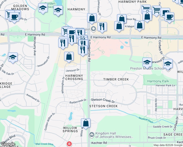 map of restaurants, bars, coffee shops, grocery stores, and more near 2120 Timber Creek Drive in Fort Collins