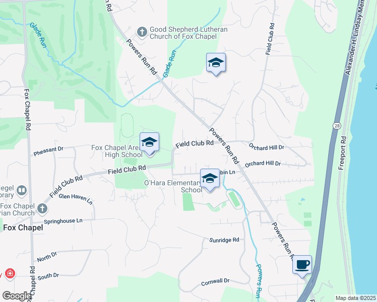 map of restaurants, bars, coffee shops, grocery stores, and more near 634 Field Club Road in Pittsburgh