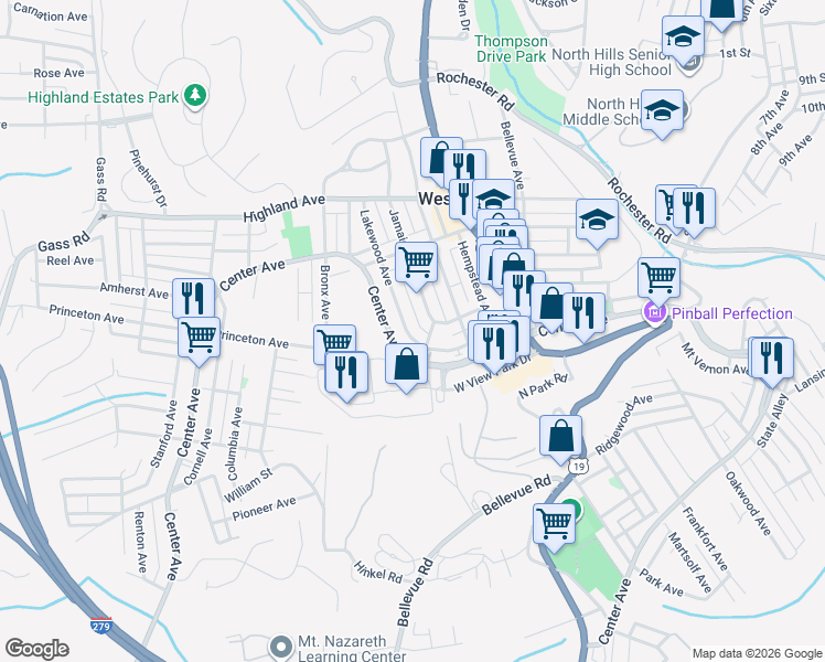 map of restaurants, bars, coffee shops, grocery stores, and more near 94 Lakewood Avenue in Pittsburgh