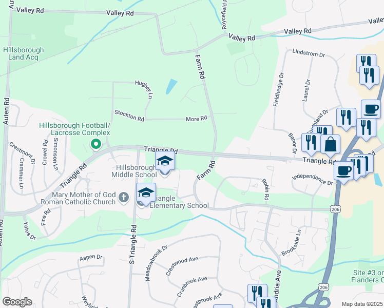 map of restaurants, bars, coffee shops, grocery stores, and more near 260 Triangle Road in Hillsborough Township