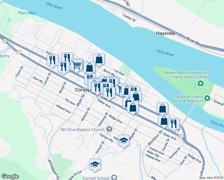 map of restaurants, bars, coffee shops, grocery stores, and more near 1011 4th Avenue in Coraopolis