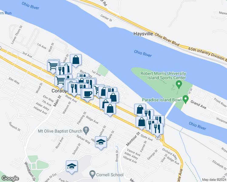map of restaurants, bars, coffee shops, grocery stores, and more near 121 Broadway Street in Coraopolis