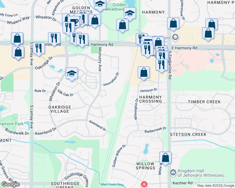 map of restaurants, bars, coffee shops, grocery stores, and more near 4862 Innovation Drive in Fort Collins