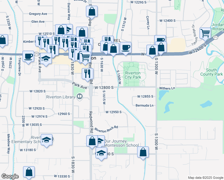 map of restaurants, bars, coffee shops, grocery stores, and more near 1587 West 12800 South in Riverton
