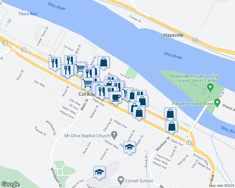 map of restaurants, bars, coffee shops, grocery stores, and more near 1009 4th Avenue in Coraopolis