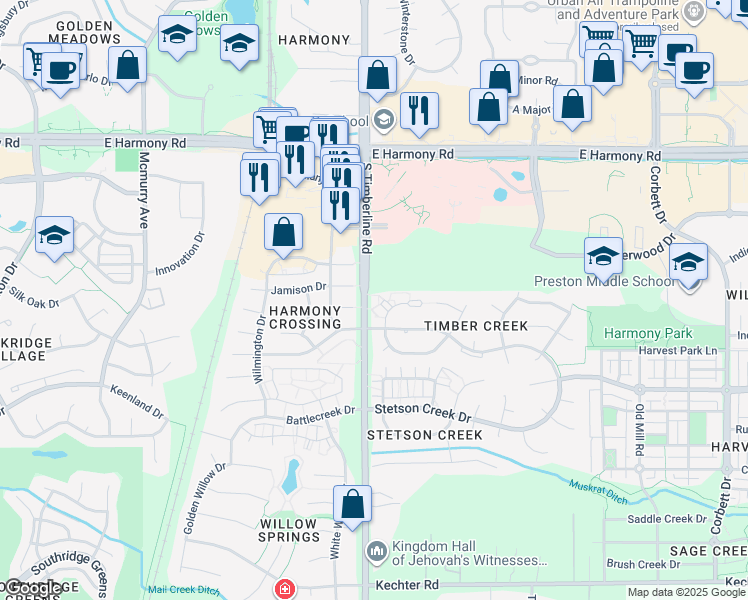 map of restaurants, bars, coffee shops, grocery stores, and more near 2120 Timber Creek Drive in Fort Collins