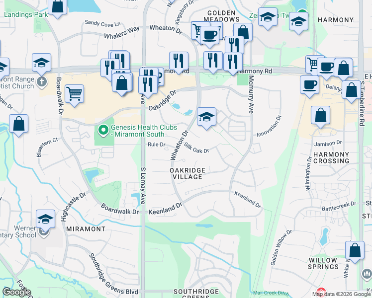 map of restaurants, bars, coffee shops, grocery stores, and more near 1325 Silk Oak Drive in Fort Collins