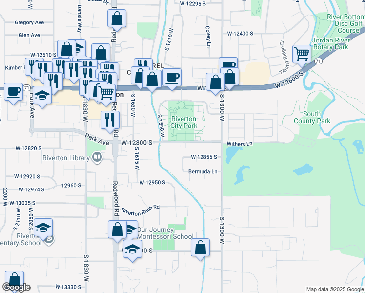 map of restaurants, bars, coffee shops, grocery stores, and more near 1444 Cancun Way in Riverton