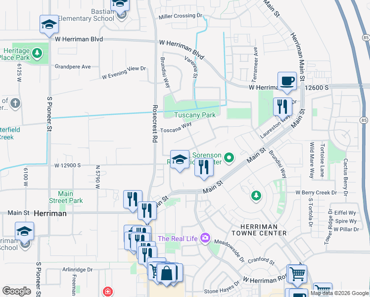 map of restaurants, bars, coffee shops, grocery stores, and more near 5461 Venetia Street in Herriman