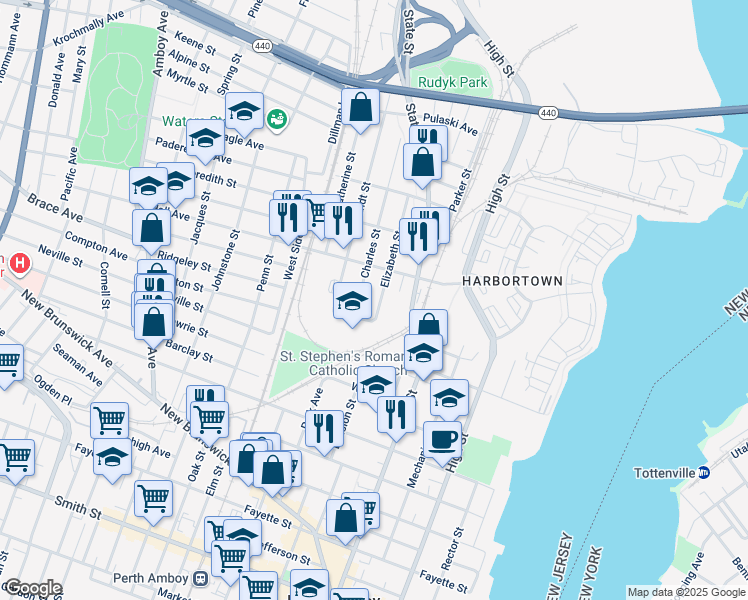 map of restaurants, bars, coffee shops, grocery stores, and more near 586 Charles Street in Perth Amboy
