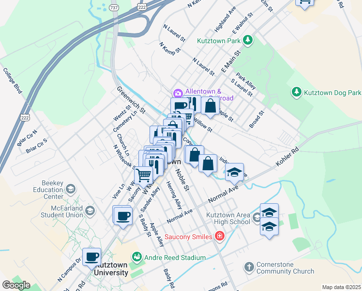 map of restaurants, bars, coffee shops, grocery stores, and more near 45 Constitution Boulevard in Kutztown