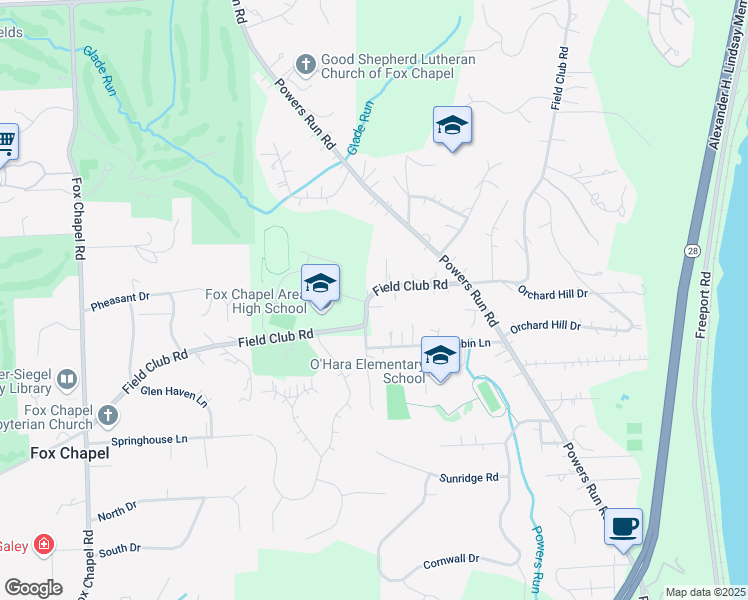 map of restaurants, bars, coffee shops, grocery stores, and more near 634 Field Club Road in Pittsburgh
