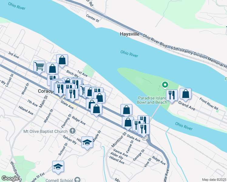 map of restaurants, bars, coffee shops, grocery stores, and more near 1305 Birch Way in Coraopolis