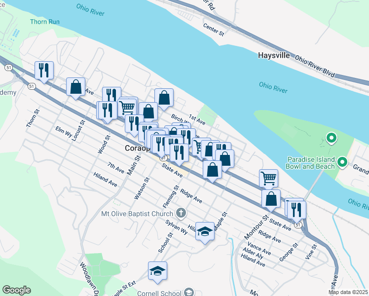 map of restaurants, bars, coffee shops, grocery stores, and more near 1010 Pennsylvania 51 in Coraopolis