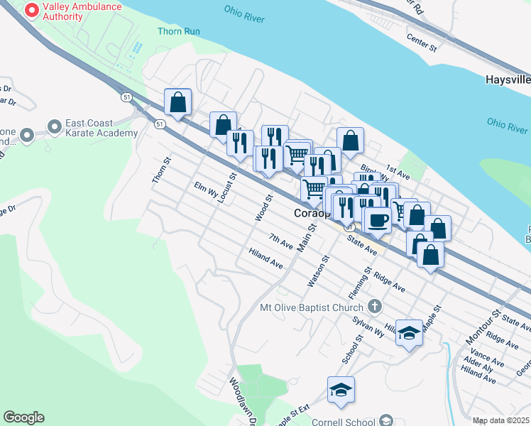 map of restaurants, bars, coffee shops, grocery stores, and more near 615 Wood Street in Coraopolis