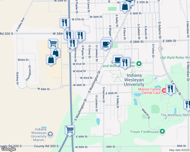 map of restaurants, bars, coffee shops, grocery stores, and more near 4302 S Washington St in Marion
