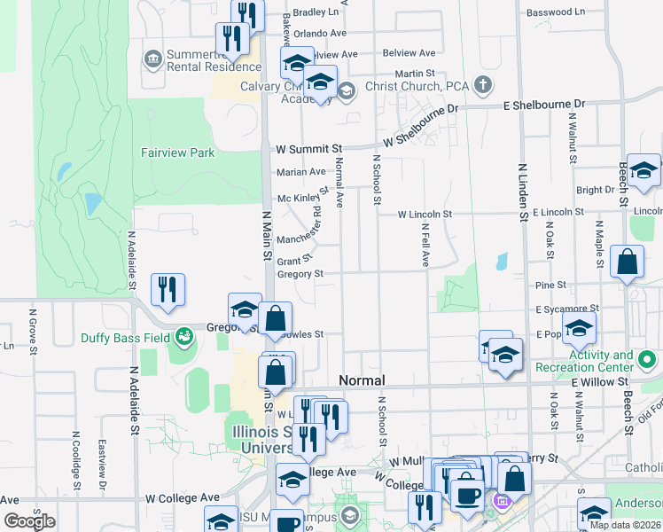 map of restaurants, bars, coffee shops, grocery stores, and more near 621 Normal Avenue in Normal