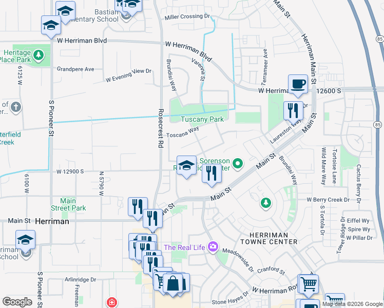 map of restaurants, bars, coffee shops, grocery stores, and more near 5461 Venetia Street in Herriman