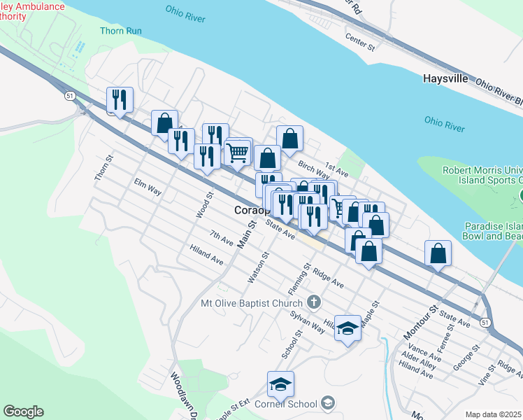 map of restaurants, bars, coffee shops, grocery stores, and more near in Coraopolis