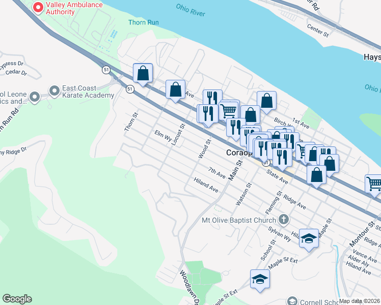 map of restaurants, bars, coffee shops, grocery stores, and more near 724 7th Avenue in Coraopolis