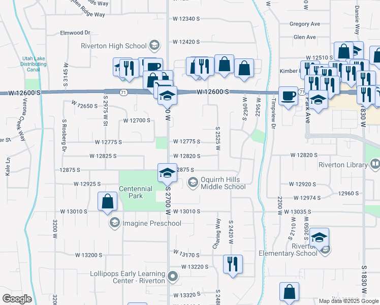 map of restaurants, bars, coffee shops, grocery stores, and more near 2622 West 12820 South in Riverton