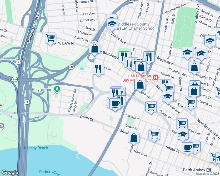 map of restaurants, bars, coffee shops, grocery stores, and more near 650 Route 440 Connection in Perth Amboy