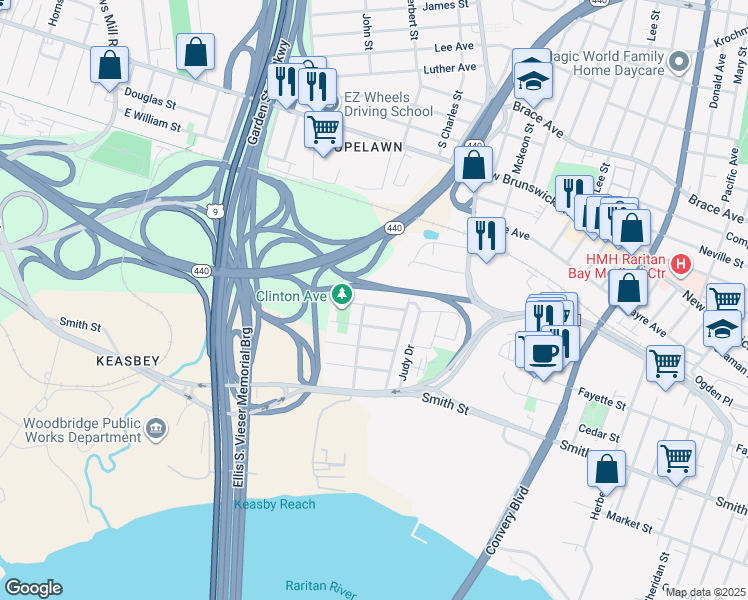 map of restaurants, bars, coffee shops, grocery stores, and more near 30 South Maplewood Avenue in Woodbridge Township