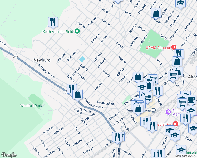 map of restaurants, bars, coffee shops, grocery stores, and more near 1511 20th Avenue in Altoona