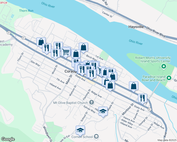 map of restaurants, bars, coffee shops, grocery stores, and more near 950 4th Avenue in Coraopolis