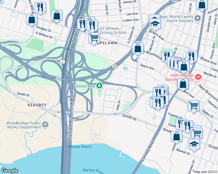 map of restaurants, bars, coffee shops, grocery stores, and more near 30 South Maplewood Avenue in Woodbridge Township
