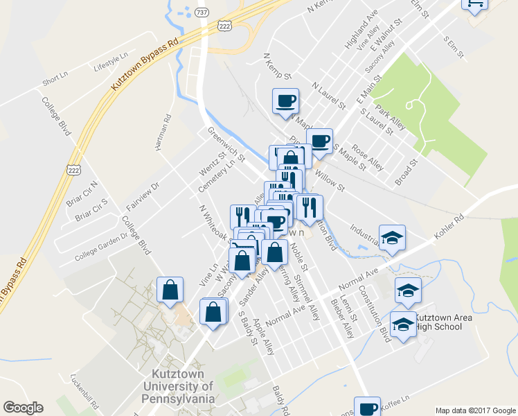 map of restaurants, bars, coffee shops, grocery stores, and more near 159 West Walnut Street in Kutztown