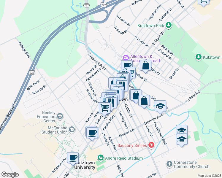 map of restaurants, bars, coffee shops, grocery stores, and more near 159 West Walnut Street in Kutztown