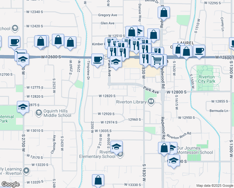 map of restaurants, bars, coffee shops, grocery stores, and more near 2028 West 12820 South in Riverton