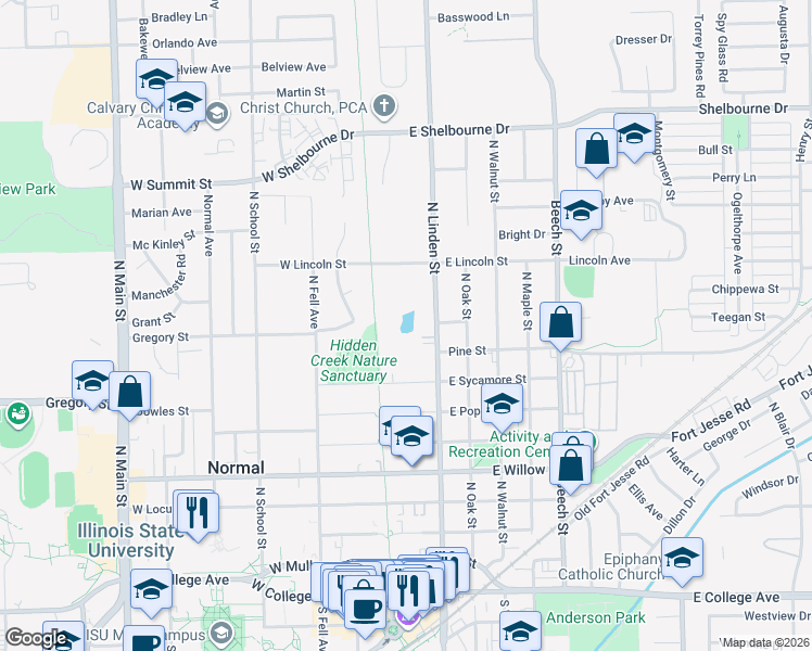 map of restaurants, bars, coffee shops, grocery stores, and more near 903 North Linden Street in Normal