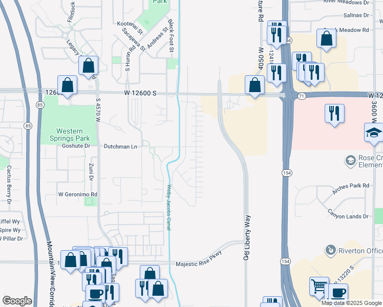map of restaurants, bars, coffee shops, grocery stores, and more near 4243 West Park Lake Court in Riverton
