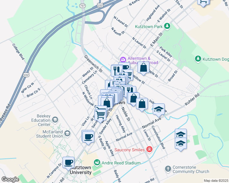 map of restaurants, bars, coffee shops, grocery stores, and more near in Kutztown