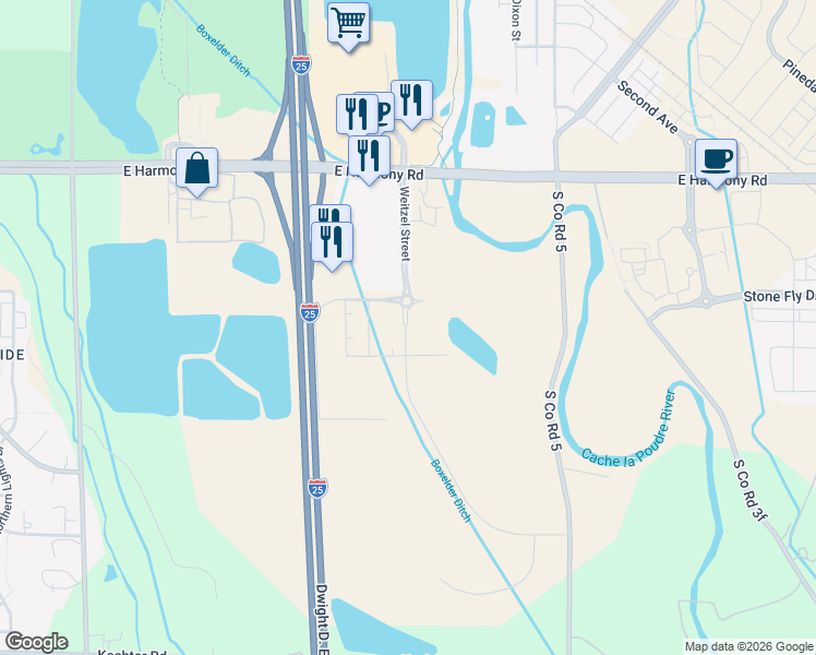 map of restaurants, bars, coffee shops, grocery stores, and more near 4912 Frontage Road in Fort Collins