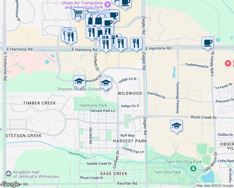 map of restaurants, bars, coffee shops, grocery stores, and more near 5009 Rose Court in Fort Collins