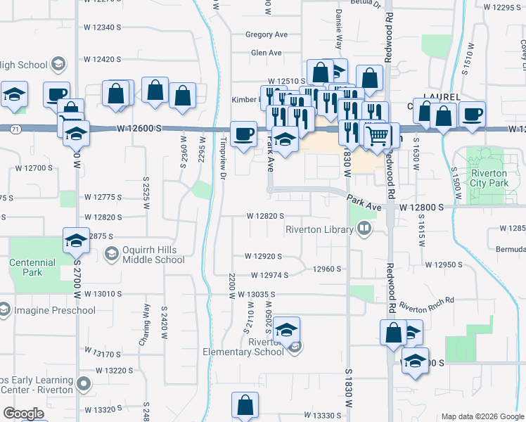 map of restaurants, bars, coffee shops, grocery stores, and more near 12830 Aspen Glen Circle in Riverton